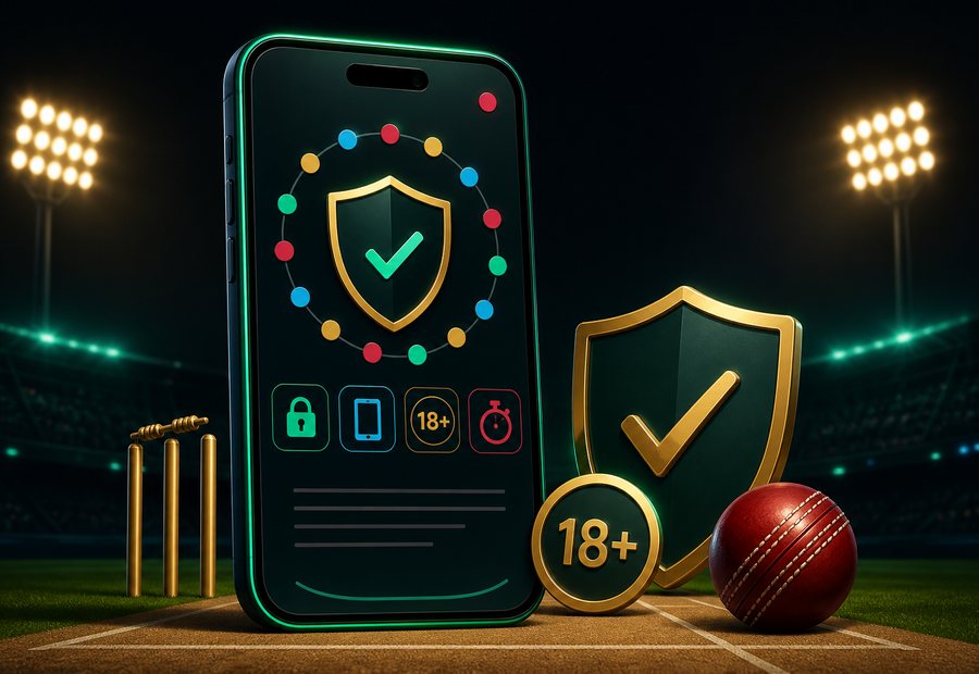 Cartoon 3D cricket app safety screen with shield and 18 plus marker
