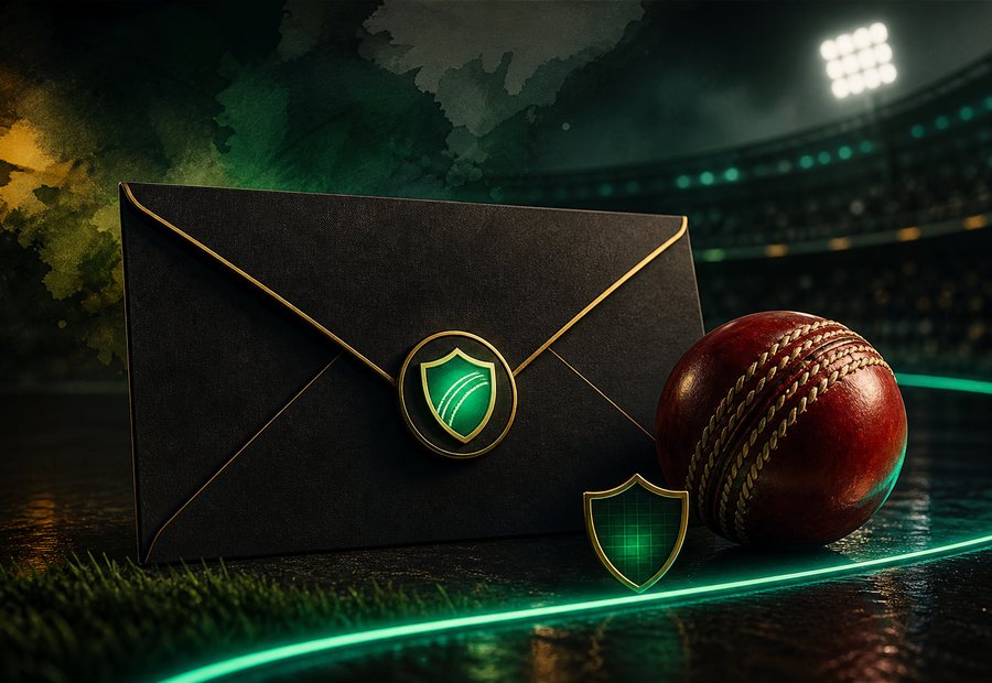 Premium cricket message card with ball and shield