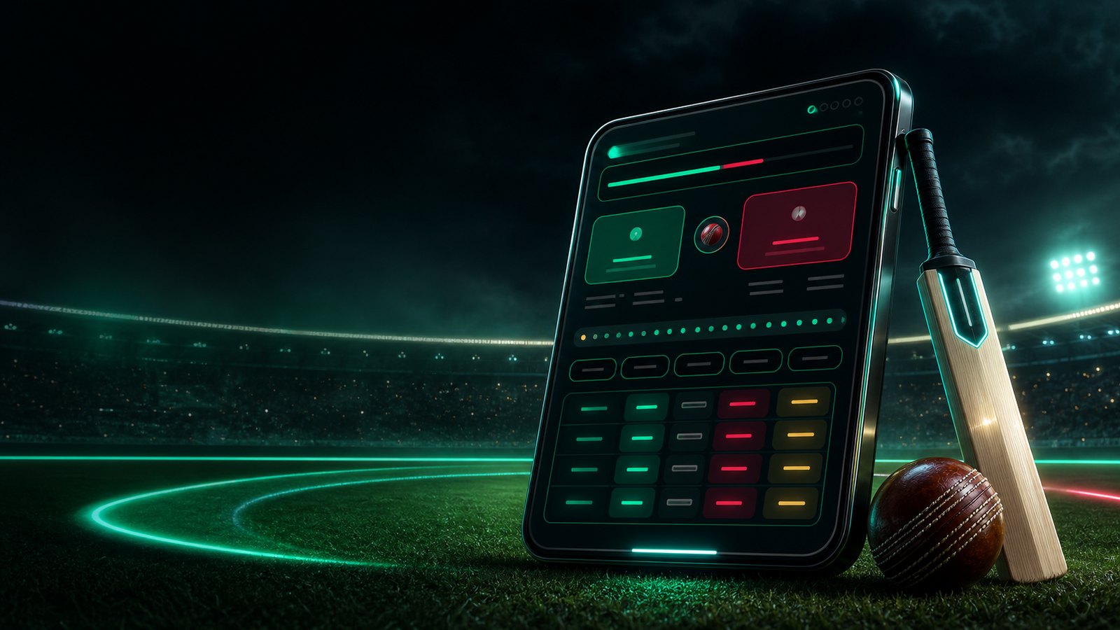 3D cricket match screen with glowing stadium lights and abstract odds panels