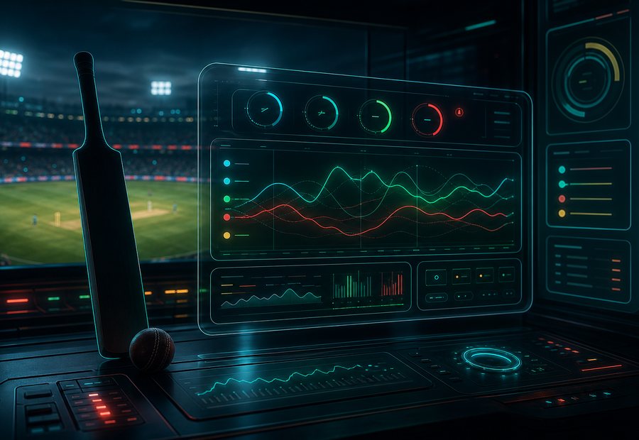 Cyberpunk cricket odds board with neon movement lines